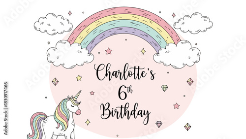 Whimsical unicorn and pastel rainbow illustration for a magical sixth birthday celebration, perfect for a little girl's special day