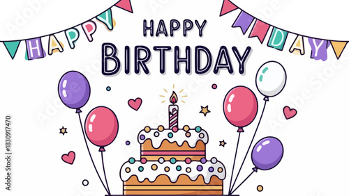 Vibrant Happy Birthday Celebration Illustration Featuring a Two-Tiered Cake with Candle, Colorful Balloons, and Festive Bunting Banners, Perfect for Invitations, Greeting Cards, and Party Decorations