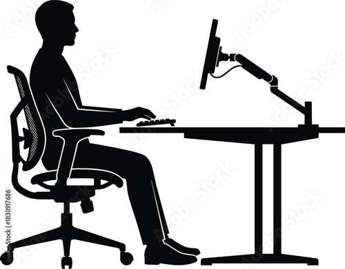 Ergonomic office workstation setup with person sitting upright in chair, typing on keyboard, monitor at eye level for posture