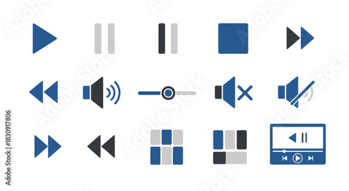 A collection of media player icons, including play, pause, stop, volume, and skip buttons, in a blue and gray color scheme.