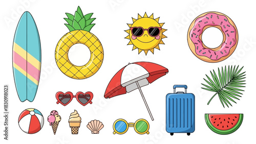 Collection of summer vacation icons, including a surfboard, pineapple ring float, sunglasses, beach ball, ice cream, and more, perfect for travel and leisure designs