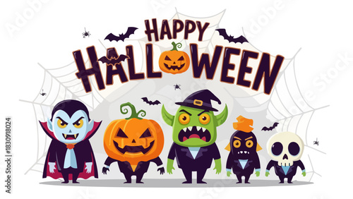 Happy Halloween spooky characters and spiderwebs illustration