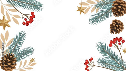 Festive Holiday Border Design with Pine Cones, Berries, and Evergreen Branches for Christmas Celebrations