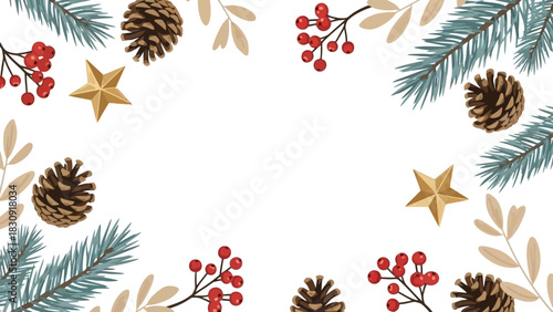 Festive Holiday Border Design with Pine Cones, Berries, and Stars - Perfect for Christmas Decorations