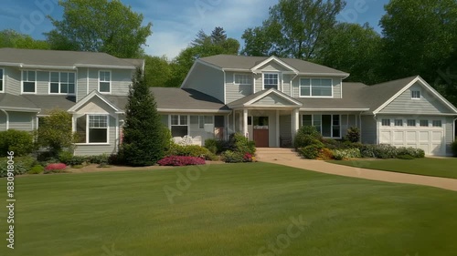 Beautiful house with a large green lawn and trees in the background.