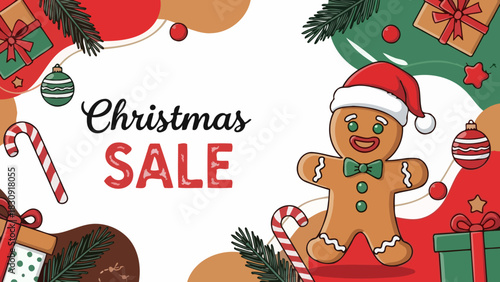 Christmas Sale Banner with Gingerbread Man and Festive Elements
