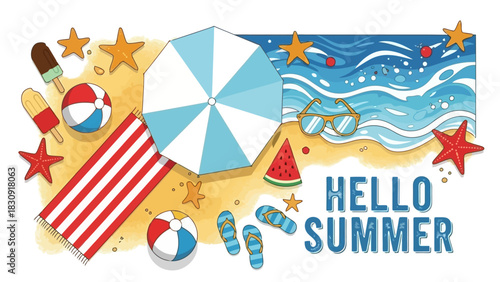 Vibrant top-down illustration of a summer beach scene with holiday essentials like an umbrella, towel, sunglasses, and ice cream on the sand