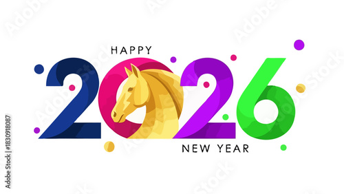 Colorful Happy New Year 2026 design featuring a golden low-poly horse head, the symbol of the Chinese zodiac