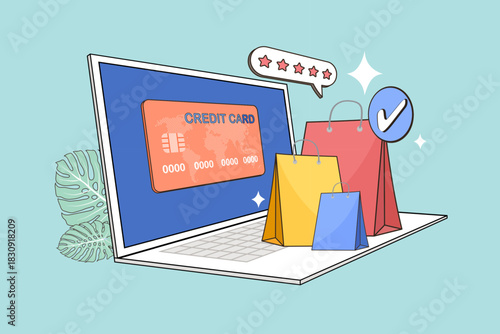 Laptop computer displaying credit card on screen with colorful shopping bags on keyboard. Online ecommerce payment concept with five star rating and check mark. Secure digital transaction illustration