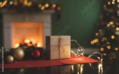 Cozy Fireplace Glow Reflected on gift box