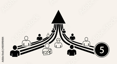 Illustration depicting people converging into a single point, representing teamwork, progress, and success.