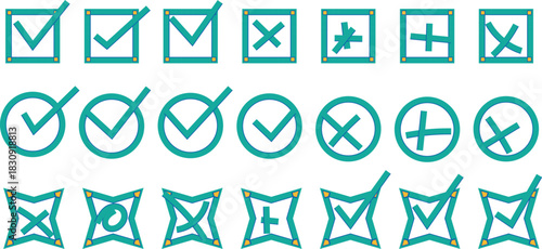 Set of Vector Checkmark and X Icons in Teal