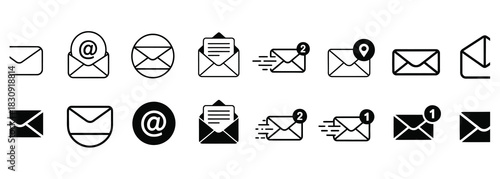 Email icon set for modern apps and websites, perfect for user interface design, newsletters, contact forms, and notification systems, streamline communication with this elegant vector set