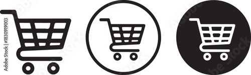 Shopping cart icon set.Full and empty shopping cart symbol shop and sale icon. Shopping trolley in outline. Web cart in line. Shop symbol in black. Trolley icon set.