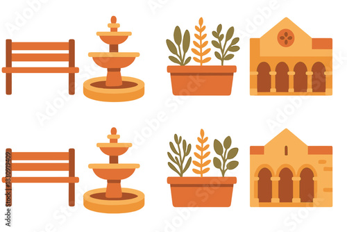 Bench, fountain, planter, and building facade elements for park and garden design