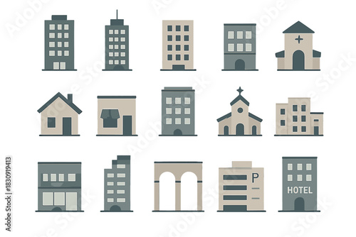 Various flat design city buildings and residential structures architecture