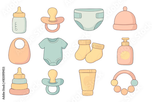 Essential baby care items and newborn accessories collection in pastel colors