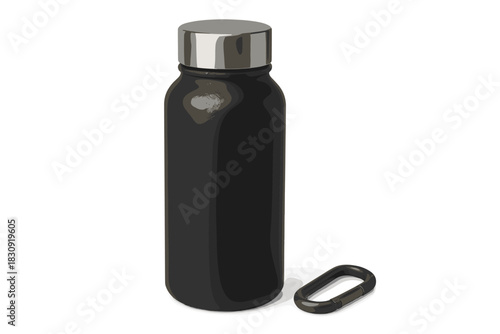 Matte black reusable water bottle with stainless steel cap and detached carabiner clip on white