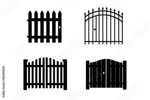 Set of black silhouettes showing various garden fences and gates designs