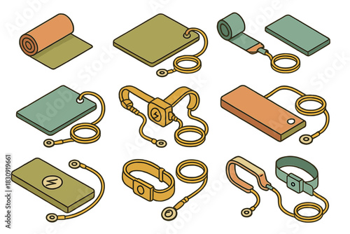 Isometric set of anti-static equipment including grounding mats and wrist straps for electronics safety