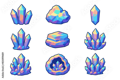 Vibrant iridescent fantasy gemstones, crystal clusters, and raw rocks set