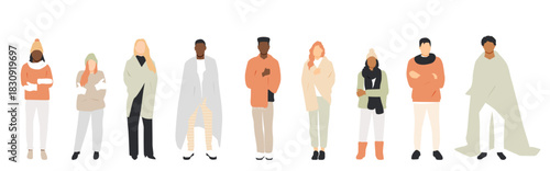 Set of different people feeling cold. Men and women wearing scarfs and blankets.