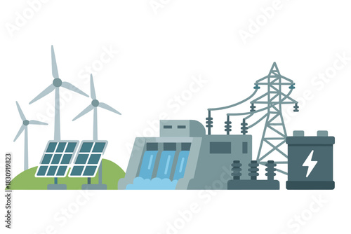 Clean energy sources setup including wind turbines, solar panels, hydro dam, power grid, and battery storage