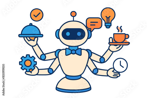 Automated service robot with multiple arms managing diverse tasks efficiently