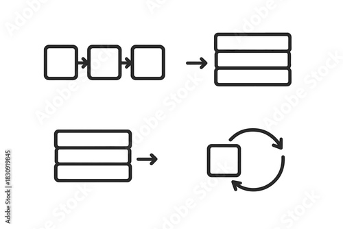 Essential line icons for business workflow, data processing, and continuous cycle concepts