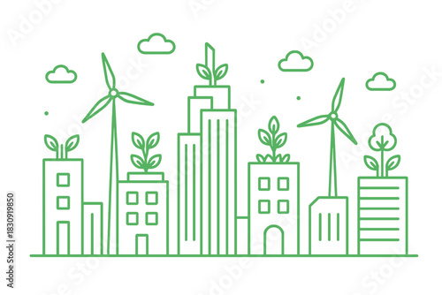 Sustainable urban environment with green buildings, rooftop gardens, and renewable wind energy