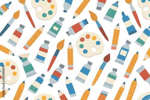 Seamless pattern of colorful painting palettes, brushes, pencils, and tubes
