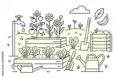 Raised garden beds with growing vegetables, flowers, and essential gardening tools