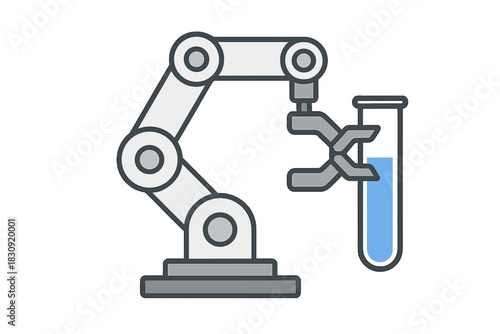 Automated industrial manipulator gripping a glass test tube filled with chemical liquid
