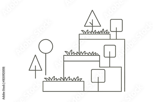 Minimalist line art drawing showing tiered planters with abstract trees and foliage design
