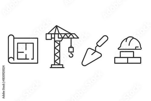 Essential construction site tools and equipment symbols: blueprint, crane, trowel, hard hat, and bricks