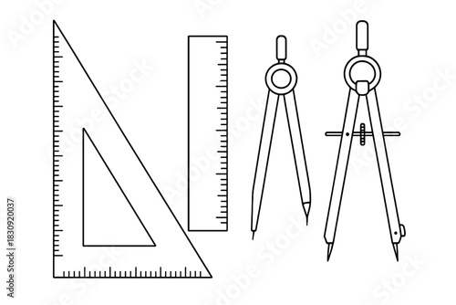 Essential geometry and drafting tools including compasses, ruler, and set square