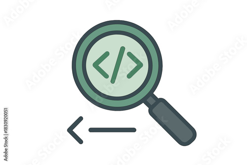 Magnifying glass icon searching code tags for debugging and back-end development processes