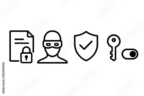 Digital security and data protection line icons featuring hacker, shield, and locked symbols