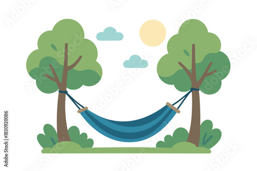 Relaxing blue hammock tied between two large green trees under a sunny sky
