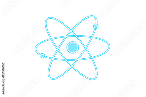 Neon blue atomic structure symbol with orbiting electrons and central nucleus
