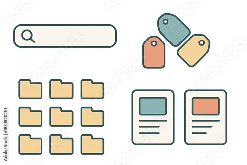 Digital interface icons set with search bar, folders, document pages, and retail tags