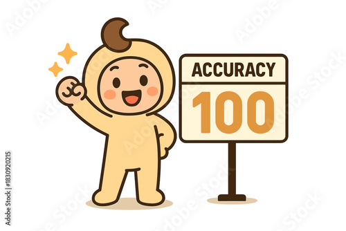 Adorable cartoon character celebrating perfect score achievement next to an accuracy sign showing one hundred percent