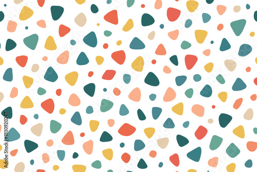 Vibrant abstract design featuring scattered organic shapes and earthy colors on white