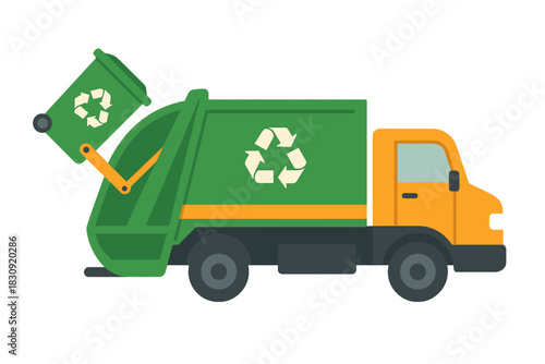 Modern refuse truck lifting a green recycling bin for environmental waste management