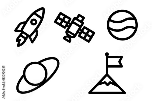 Minimal line symbols representing space exploration, astronomy, rocket launch, satellite, and planets