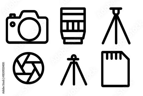 Outline icons set featuring professional photography accessories like camera, lens, tripod, and memory card