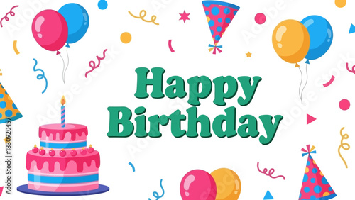 Festive Birthday Celebration with Balloons, Cake, and Confetti Illustration