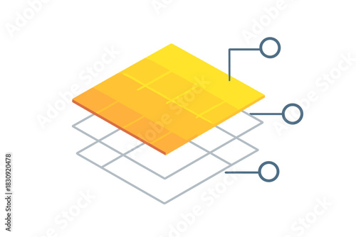 Abstract isometric diagram of multiple data layers and structural components with annotation points