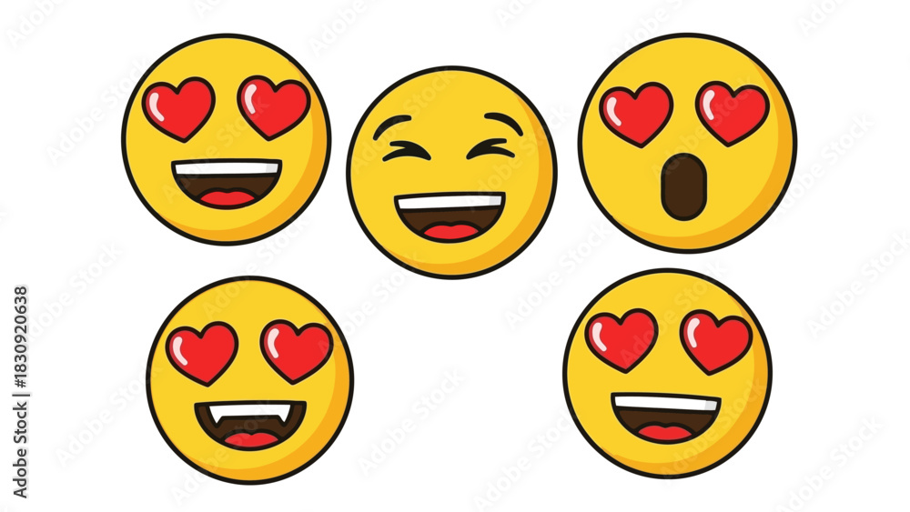 Fototapeta premium Collection of five different yellow smiley face emojis with various expressions, featuring hearts for eyes