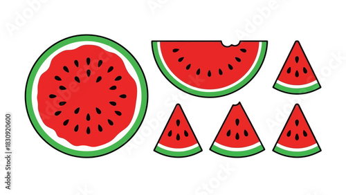 Vibrant Slices and A Whole Round of Fresh, Juicy Watermelon Illustration Collection